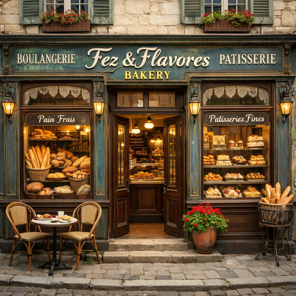 A warmly lit bakery storefront with breads and fine pastries